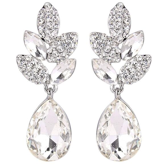 Silver with White Diamond Crystal Leaf Teardrop Dangling Post Back Drop Earrings - Picture 1 of 5